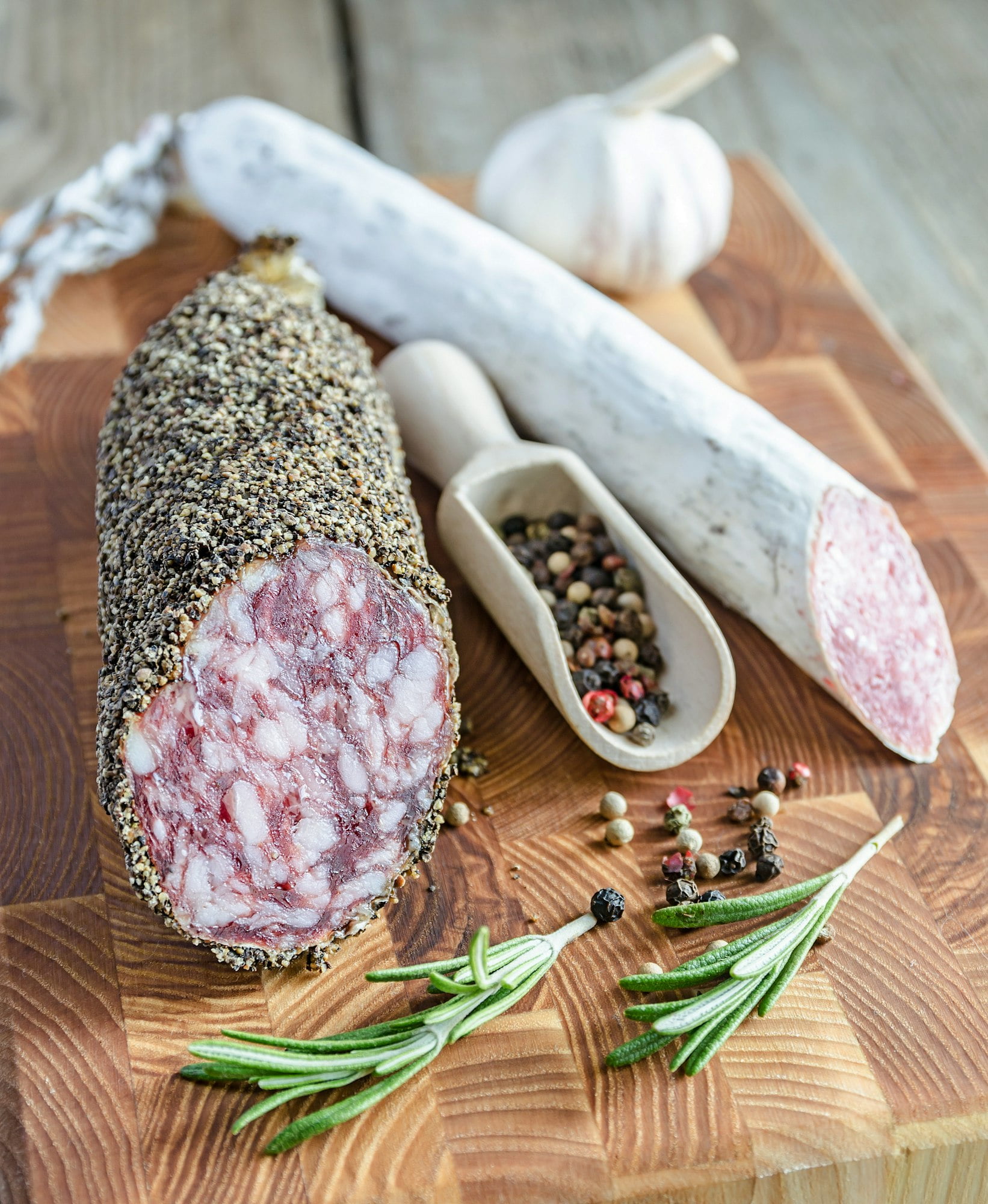 Slices of saucisson and spanish salami